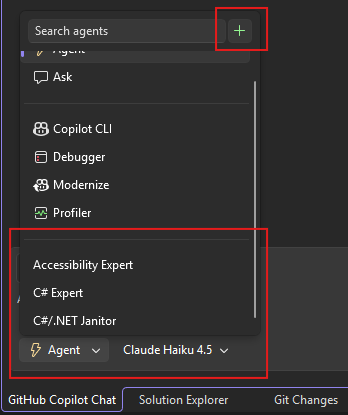 Screenshot showing the agent picker with custom agents in Visual Studio.
