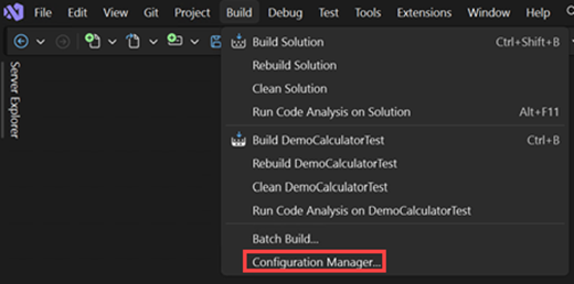 Screenshot of the Build menu Configuration Manager command.