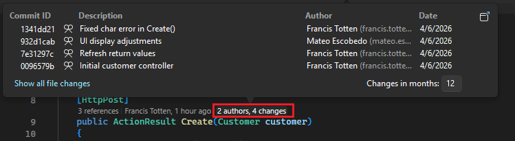 Screenshot that shows the change history data for your code in CodeLens for Visual Studio.