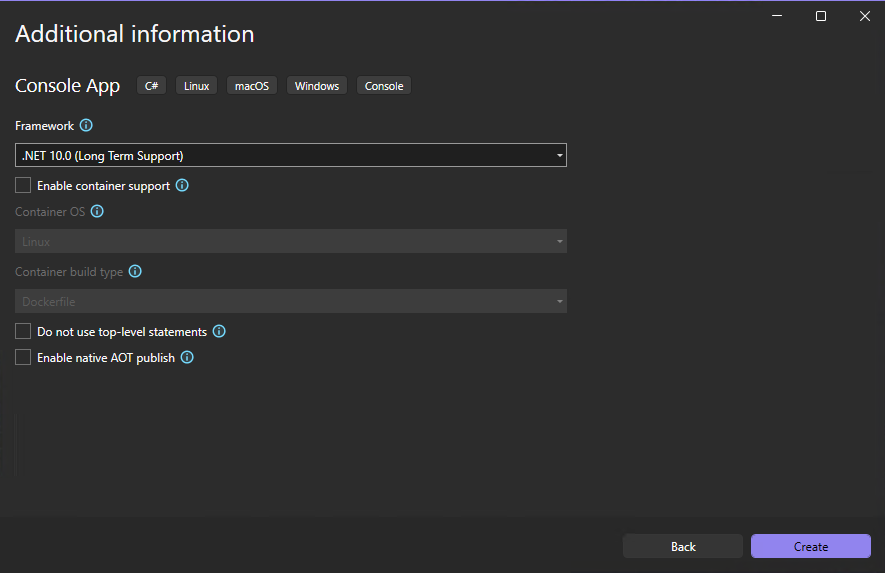 Screenshot of the Additional information window in Visual Studio, where you select the version of the .NET that you want.