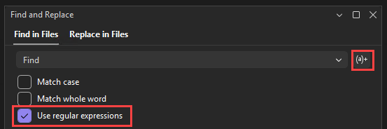 Screenshot of the Find in Files dialog box that includes and outline around the Expression Builder button and the Use Regular Expressions checkbox.
