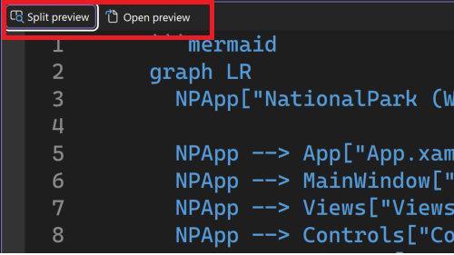 Screenshot of the Markdown preview controls in the Visual Studio editor toolbar, showing options for Split Preview, Open Preview, and Edit Markdown modes.