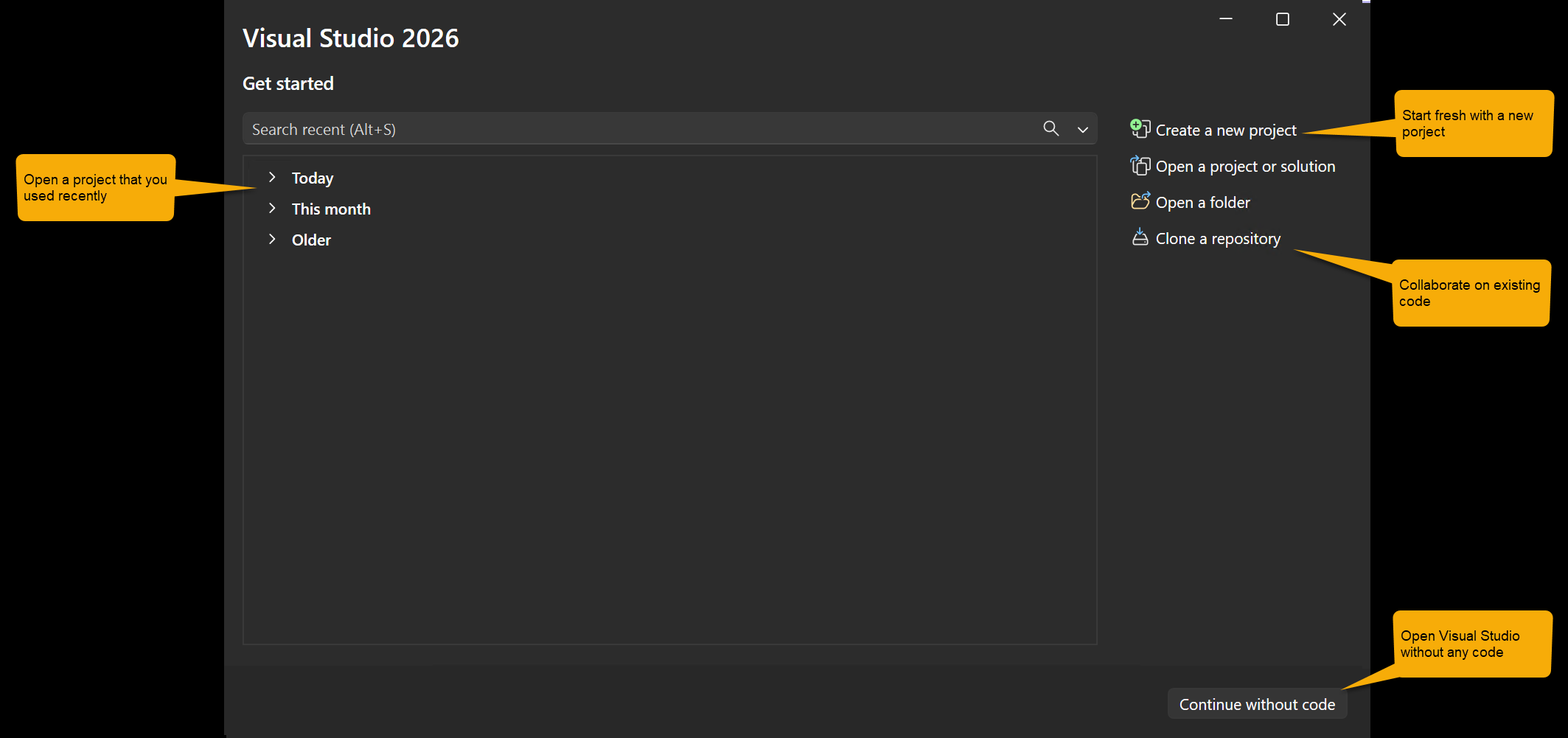 An annotated screenshot that shows the start window in Visual Studio.