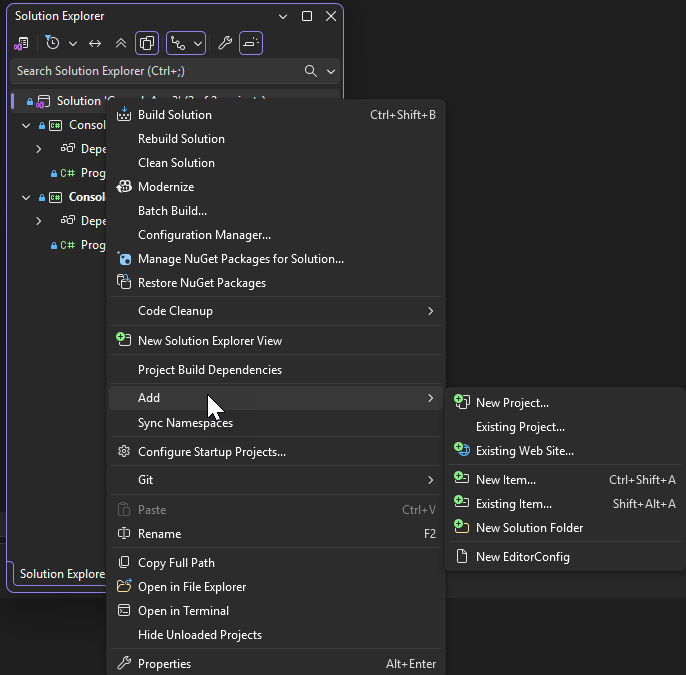 Screenshot of the Add fly-out menu from the right-click context menu in Solution Explorer.