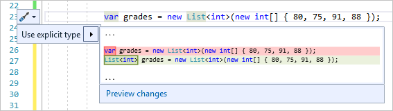 Screenshot of Use explicit type quick actions menu.