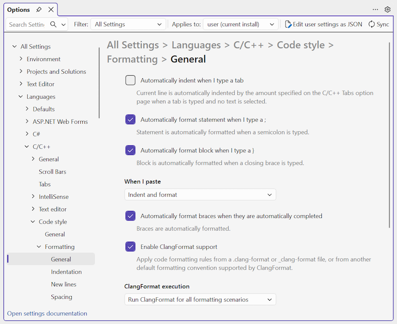 Screenshot of the General Formatting settings for the C/C++ language in the Options pane.