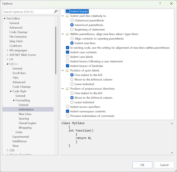 Screenshot of the Indentation Formatting settings for the C/C++ language with a selected setting demonstrated in the Preview pane.