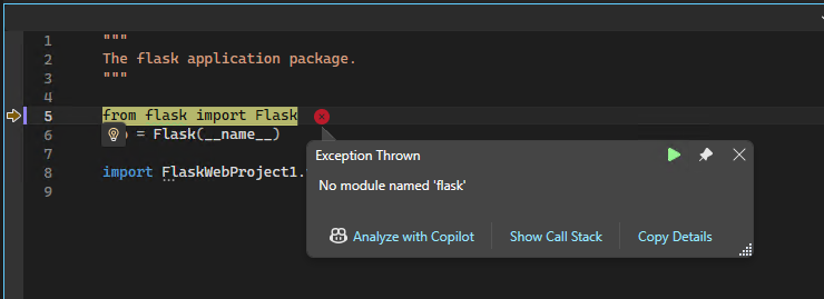 Screenshot of the Visual Studio debugger for Python showing an exception popup dialog.