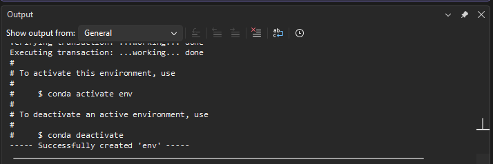 Screenshot that shows the successful creation of a conda environment.
