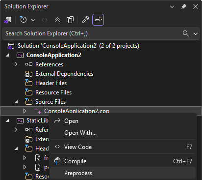 Screenshot showing the right-click context menu for a C++ file with the Preprocess option highlighted