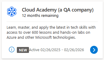 Screenshot that shows the Cloud Academy benefit tile in the Visual Studio subscription after activation.