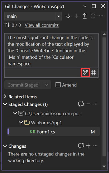 Screenshot showing AI-generated commit message.