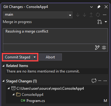 Screenshot that shows how to create a merge commit by using the Git Changes window.