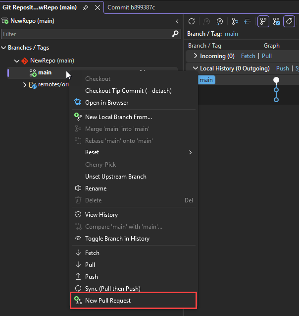 Screenshot that shows the Git Repository window. The New Pull Request command is highlighted.