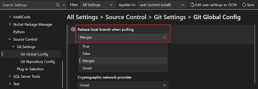 Screenshot that shows the 'Rebase local branch when pulling' option with 'Merges' selected in the dropdown list.