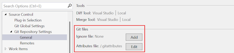 Screenshot that shows the section to Add the gitignore file and Edit the gitattributes file in your repository.