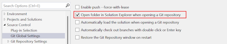 Screenshot of the 'Open folder in Solution Explorer when opening a Git repository' option in the Options dialog.