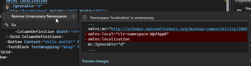 Screenshot of the XAML code editor's Remove Unnecessary Namespaces option from the Quick Actions lightbulb.