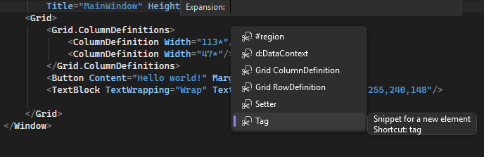 Screenshot of the XAML code editor with XAML code snippet options showing in IntelliSense.