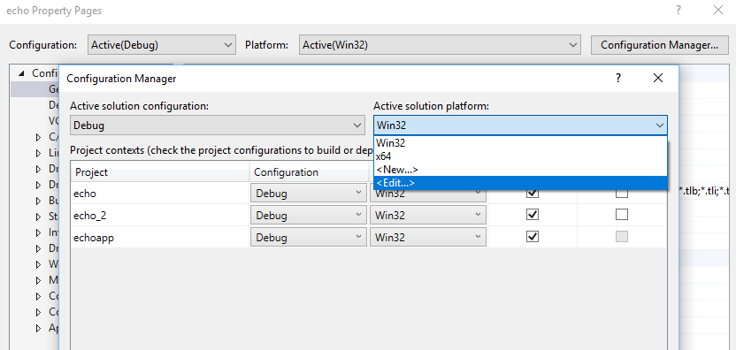 Screenshot of the Configuration Manager dialog with the New option highlighted under the Active Solution Platform dropdown.