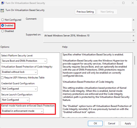 Screenshot of where to enable Kernel-mode Hardware-enforced Stack Protection using Group Policy.