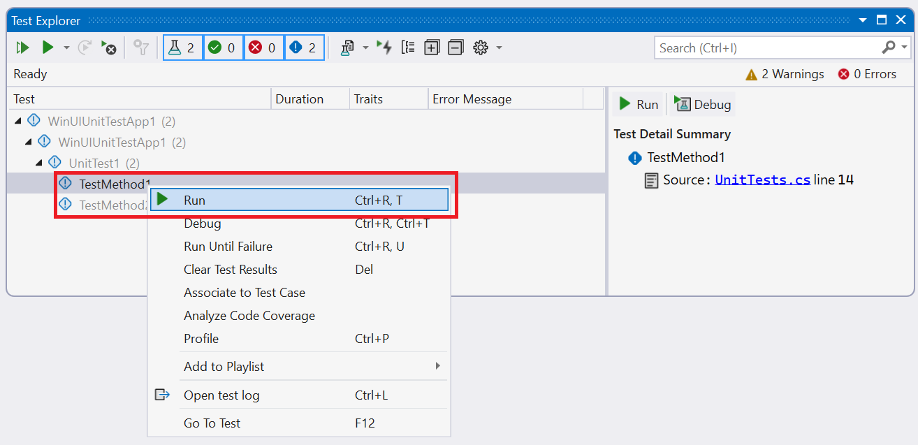 Screenshot of the Test Explorer window in Visual Studio showing the test context menu with Run command highlighted.