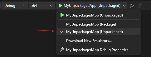 Visual Studio - Start drop-down with C# application unpackaged launch profile highlighted