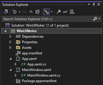 Solution Explorer showing the files for a WinUI project in Visual Studio.