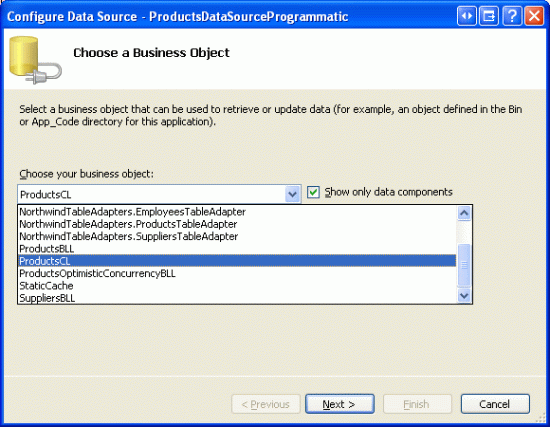 Configurar ObjectDataSource para usar la clase ProductsCL
