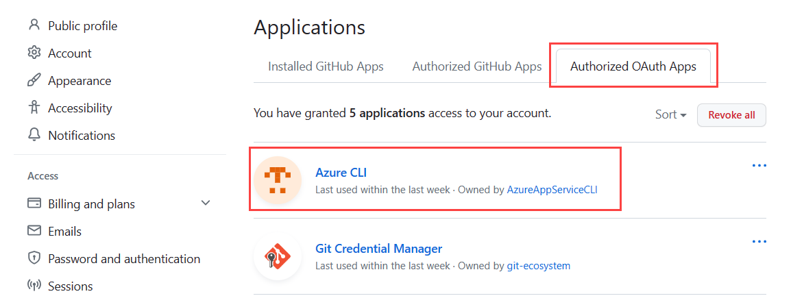 Captura de pantalla que muestra cómo ver aplicaciones de OAuth autorizadas para una cuenta de GitHub.
