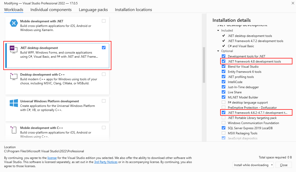 Instalador de Visual Studio con opciones de .NET Framework seleccionadas.