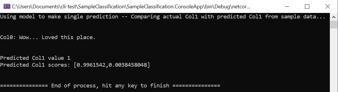 Ejecución de la aplicación con la CLI de ML.NET desde Visual&nbsp;Studio