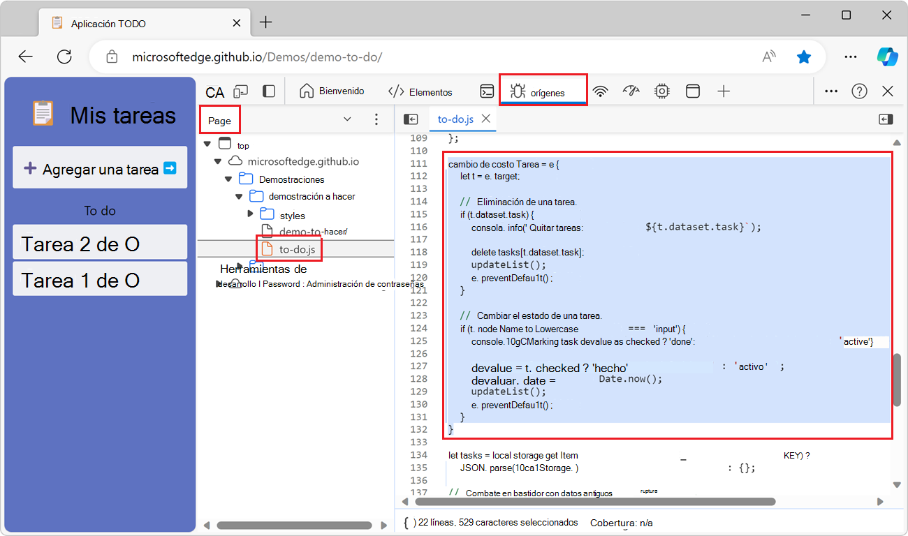 La herramienta Orígenes de Edge, con el archivo to-do.js abierto y algunas líneas de código seleccionadas
