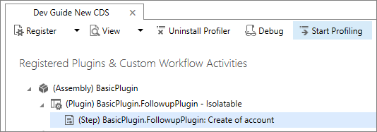 Captura de pantalla de un paso de complemento seleccionado en la herramienta de registro de complementos con el comando Iniciar generación de perfiles disponible.