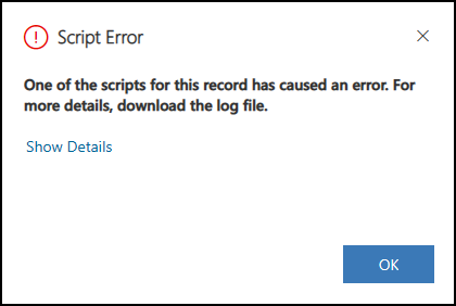 Captura de pantalla de un cuadro de diálogo de error de script que muestra información de depuración de JavaScript en aplicaciones controladas por modelos.