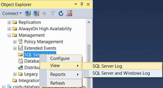 Visualización del Registro de SQL&nbsp;Server en SSMS.
