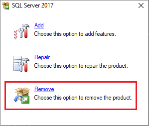 Screenshot que muestra cómo quitar SQL Server.