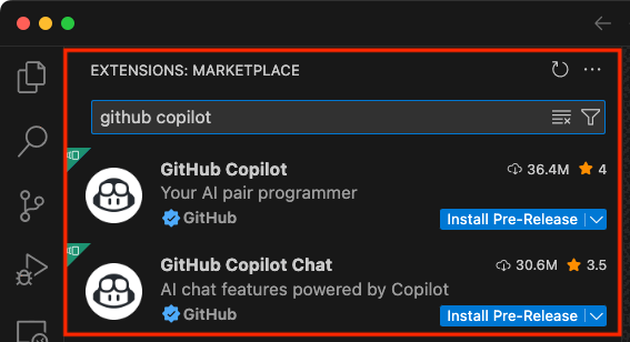 Captura de pantalla de la extensión Copilot de GitHub en Visual Studio Code.