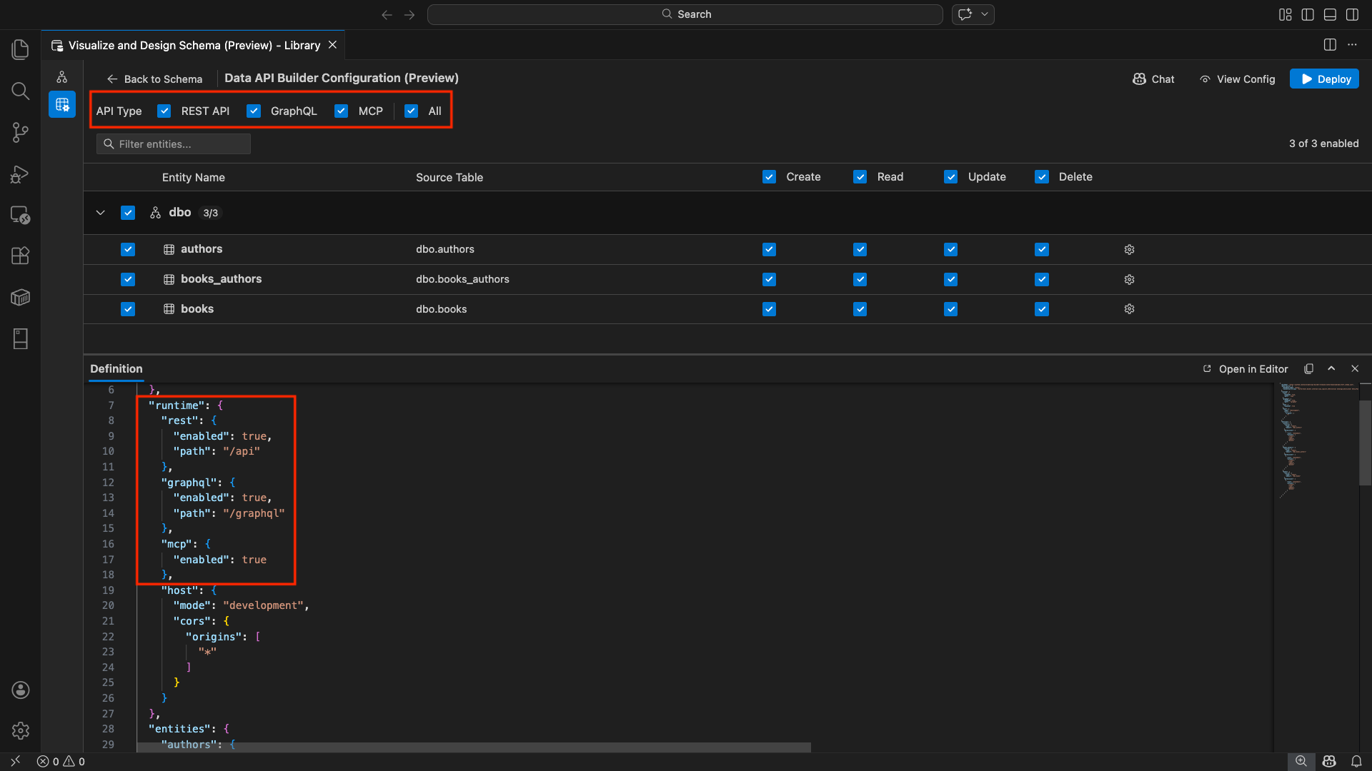 Captura de pantalla de las casillas API REST, GraphQL, MCP y All en la parte superior de la vista de configuración del Generador de API de datos.