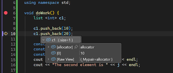 Screenshot que muestra cómo ver sugerencias de datos para variables de código en el depurador de Visual Studio.