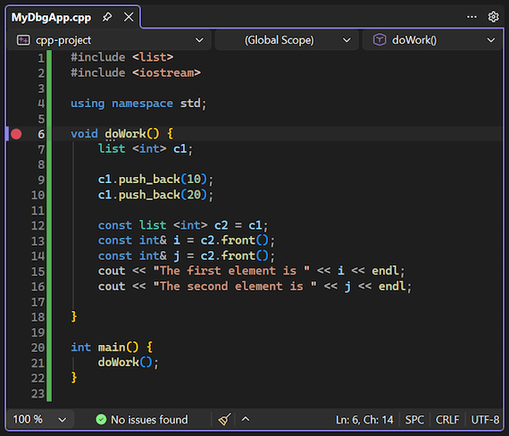 Captura de pantalla que muestra cómo establecer un punto de interrupción en el depurador de Visual Studio.