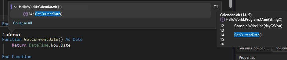 Screenshot que muestra CodeLens en Visual Studio.