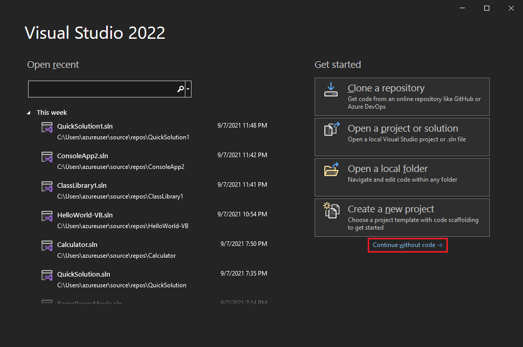  Captura de pantalla de la pantalla inicio de Visual Studio, con el vínculo Continuar sin código resaltado.