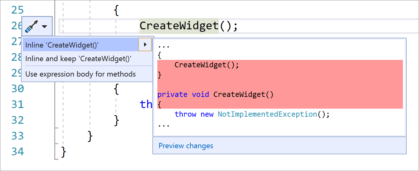 Captura de pantalla del menú Acciones rápidas y refactorizaciones en Visual Studio con la opción Convertir 