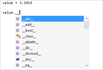 Captura de pantalla que muestra los tipos de finalización de miembros dunder privados en el editor de Visual Studio.