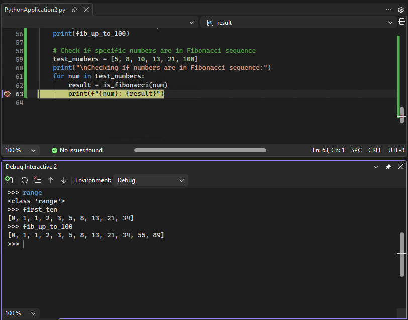 Captura de pantalla que muestra cómo trabajar con la ventana Interactiva de depuración de Python en Visual Studio.