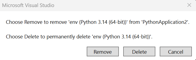Captura de pantalla que muestra cómo eliminar o quitar un entorno de Python.