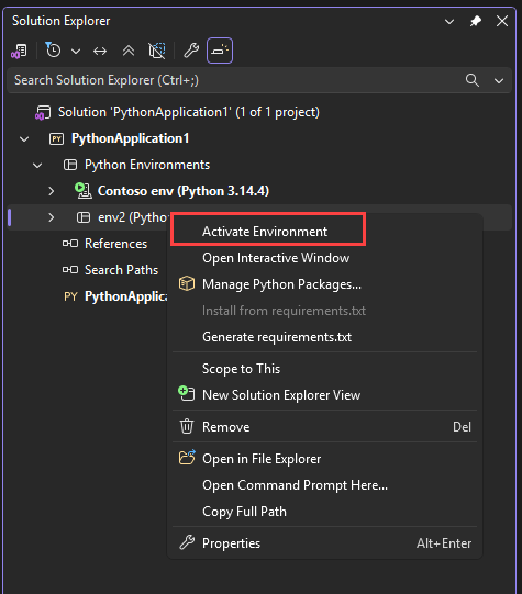 Screenshot que muestra cómo activar un entorno de proyecto en Visual Studio.