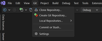 Captura de pantalla de la opción Crear repositorio de Git en el menú Git de Visual Studio.