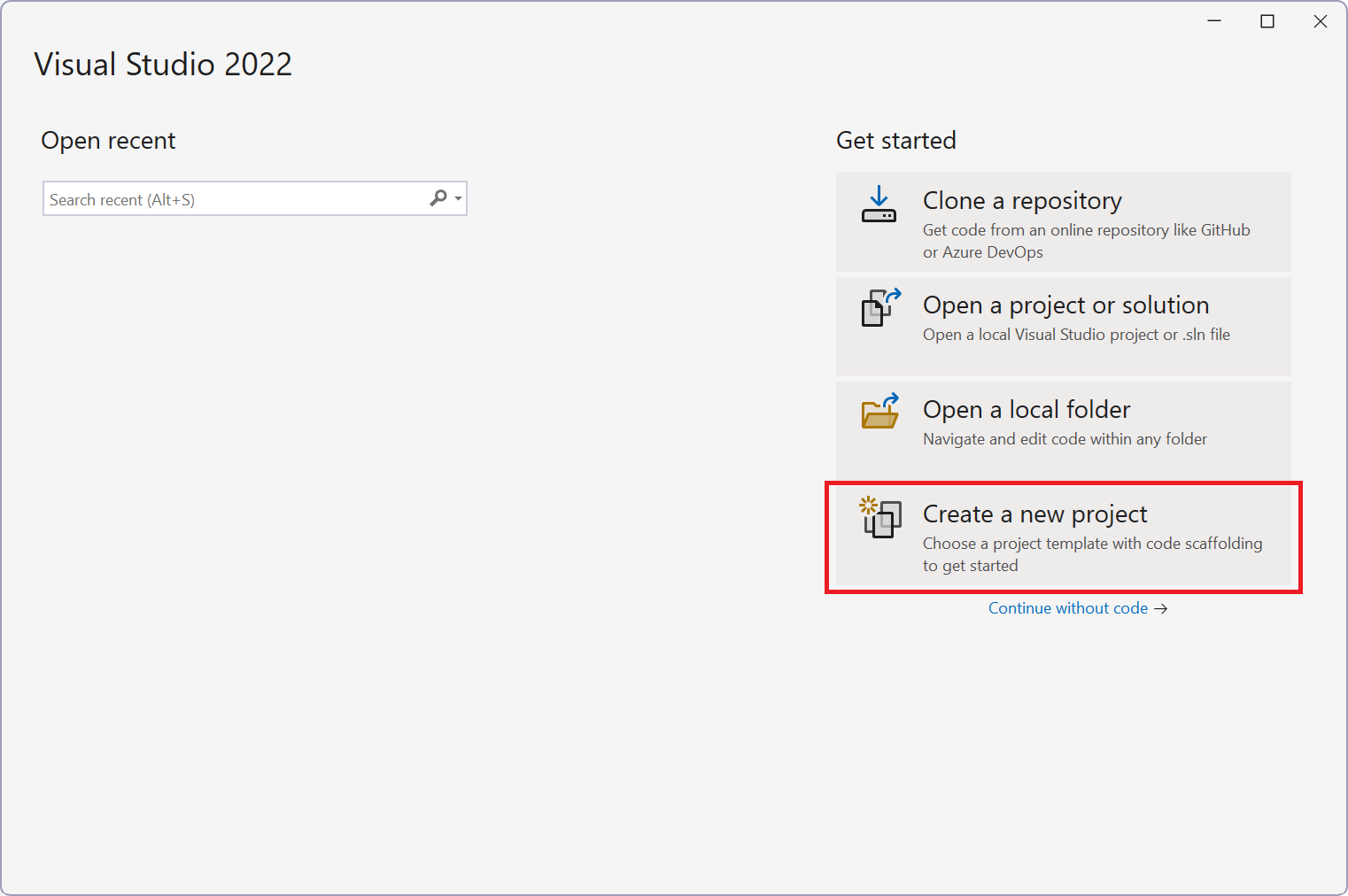 Captura de pantalla de la ventana de inicio de Visual Studio.